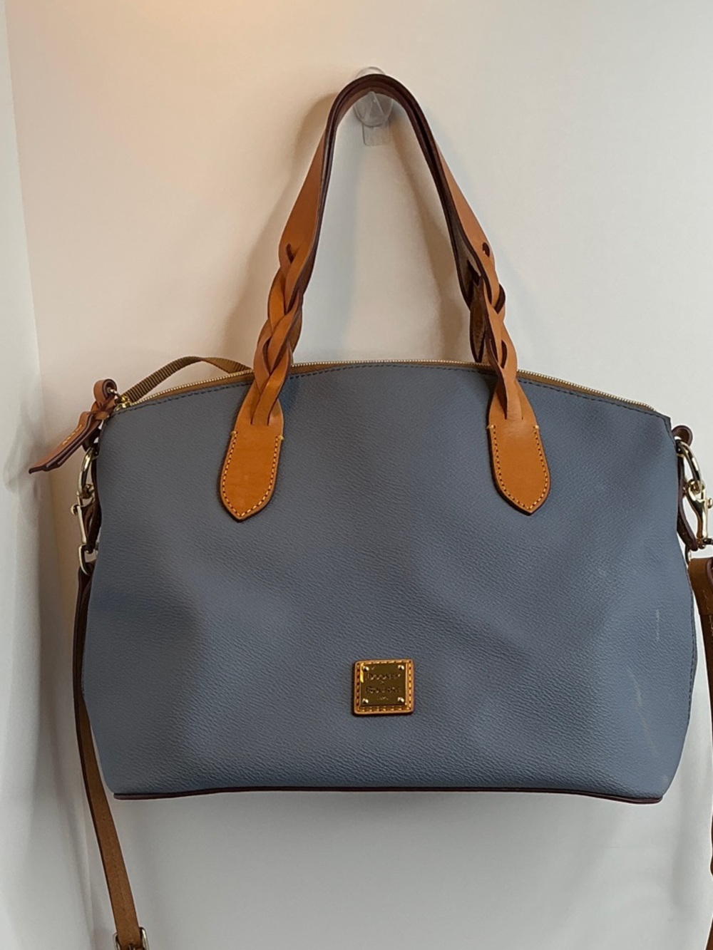 Dooney & Bourke Denim BlueLeather Satchel with Tan Braided Handles